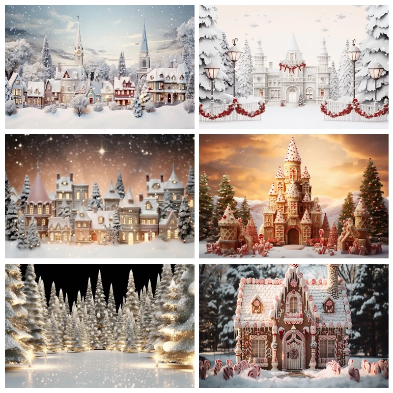 Winter Castle Photography Backdrop Christmas Candy Gingerbread House Forest Snow Background Baby Family Party Decor Supplies