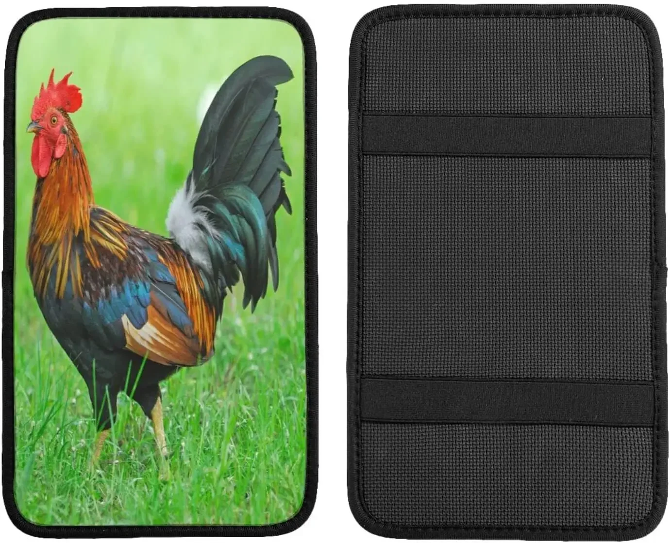 Auto Center Console Armrest Cover Pad, Colored Rooster in a Green Grassland Universal Fit Car Armrest Cover Cushion Ma