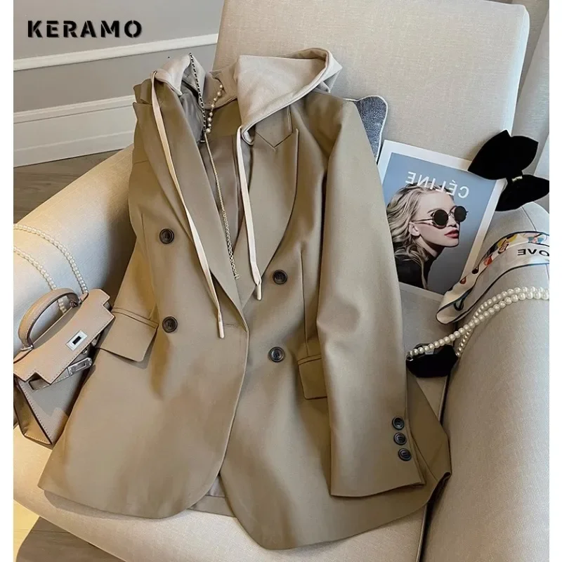 Retro Office Lady Patchwork Notched Collar Long Sleeve Hooded Blazers 2023 Winter Women Vintage Casual Loose Tailored Coat