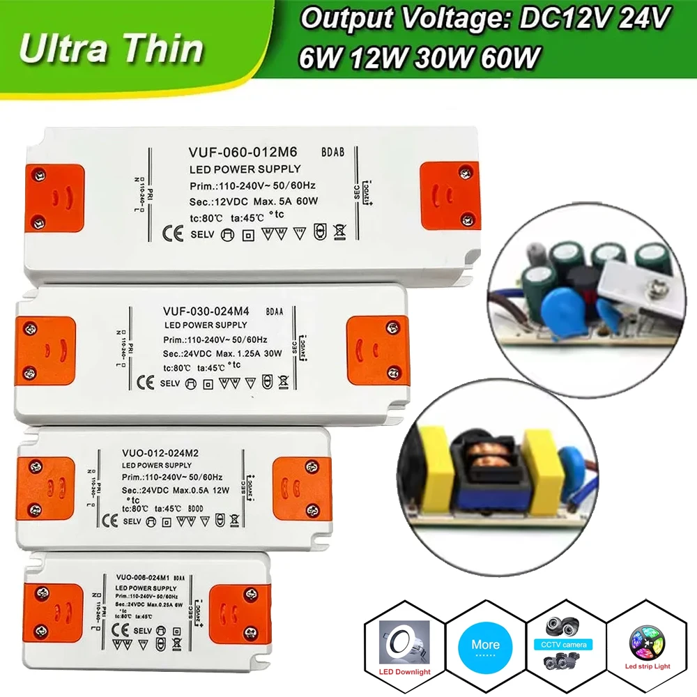 

Ultra Thin LED Driver DC 12V 24V Lighting Transformer LED Power Supply Adapter 6W 12W 30W 60W Driver AC180-260 fr LED Strip Lamp