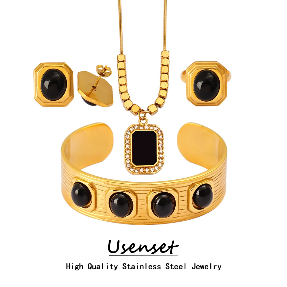 USENSET Charm Black Natutal Stone Inlaid 4 pcs Stainless Steel Jewelry Set Premium Gold PVD Plated Waterproof Wedding Bijoux