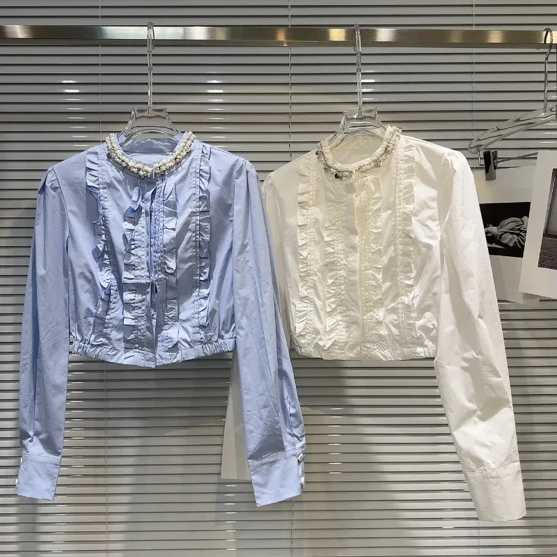 

Spring Palace Girl Style Pleated Shirt Mushroom Edge Short Blouse for Women in Autumn Beaded Collar and Sweet Texture Top