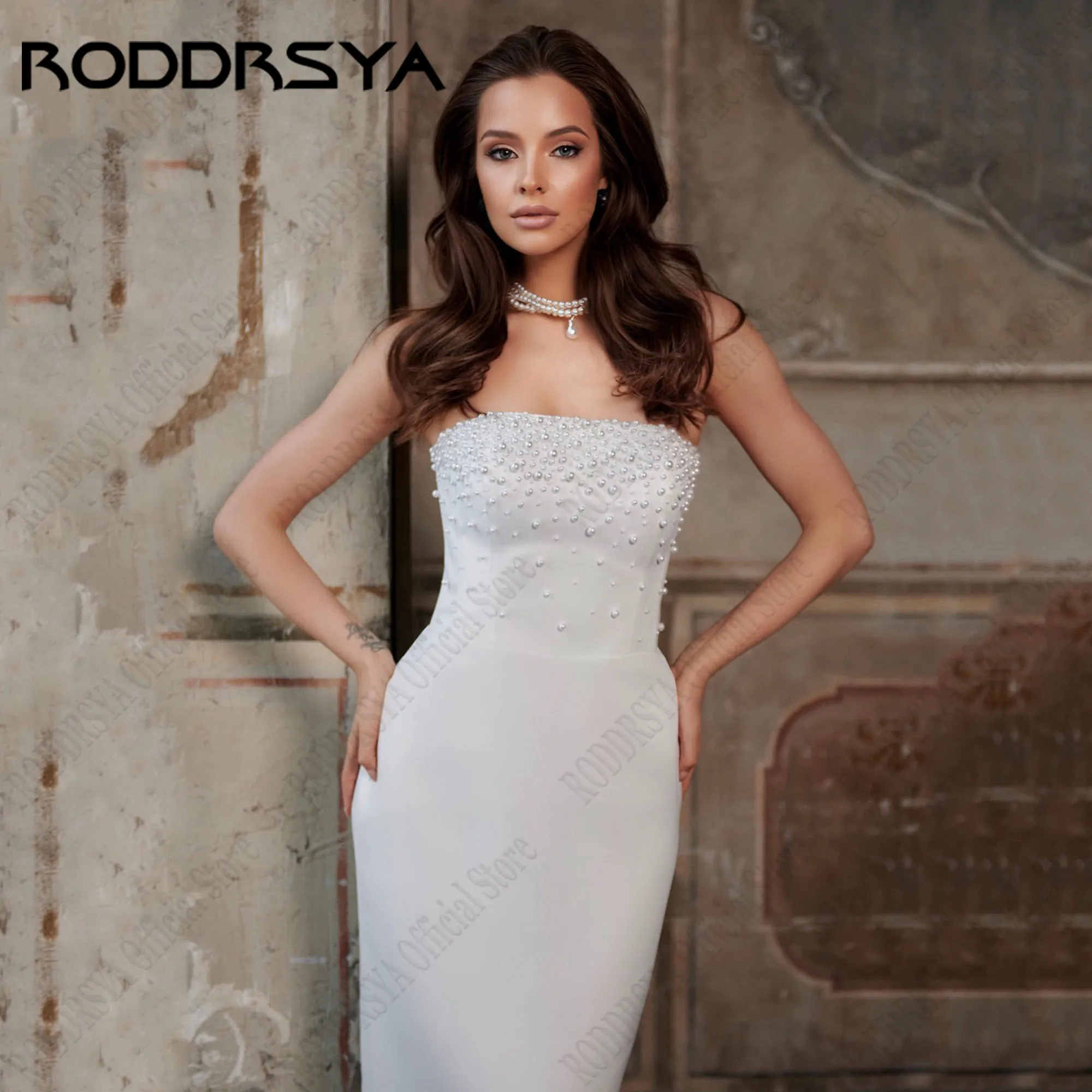 RODDRSYA Strapless Pearls Bridal Gown Mermaid Sleeveless Elegant Satin Wedding Dress Simple Tea-Length robe de mariée Customized