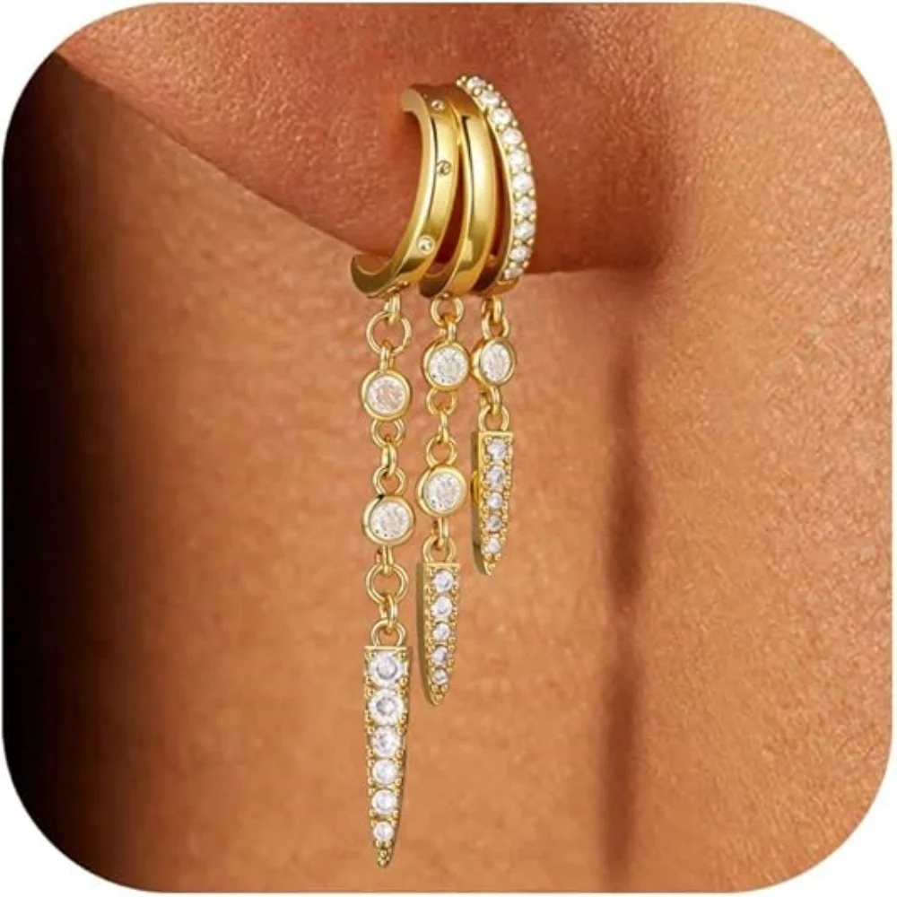14k Gold Plated Triple Huggie Stud Earrings for Women Sparkling CZ Chain Tassel Hypoallergenic Dangle Earrings Jewelry Gifts