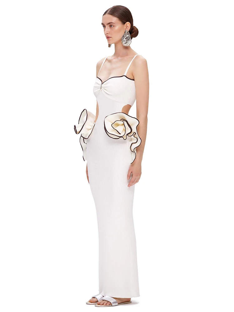 Feminino sexy 3d stero flores cortar branco maxi vestido longo alças sem mangas bodyconcocktail vestido de festa à noite