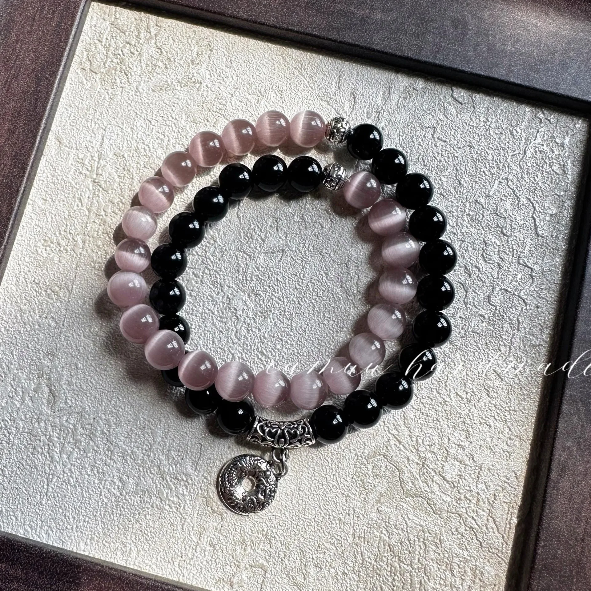 Natural Black Obsidian Cat's Eye Stone Double Wrap Fortune Energy Beaded Bracelet Vintage Retro Handmade Unisex Gift