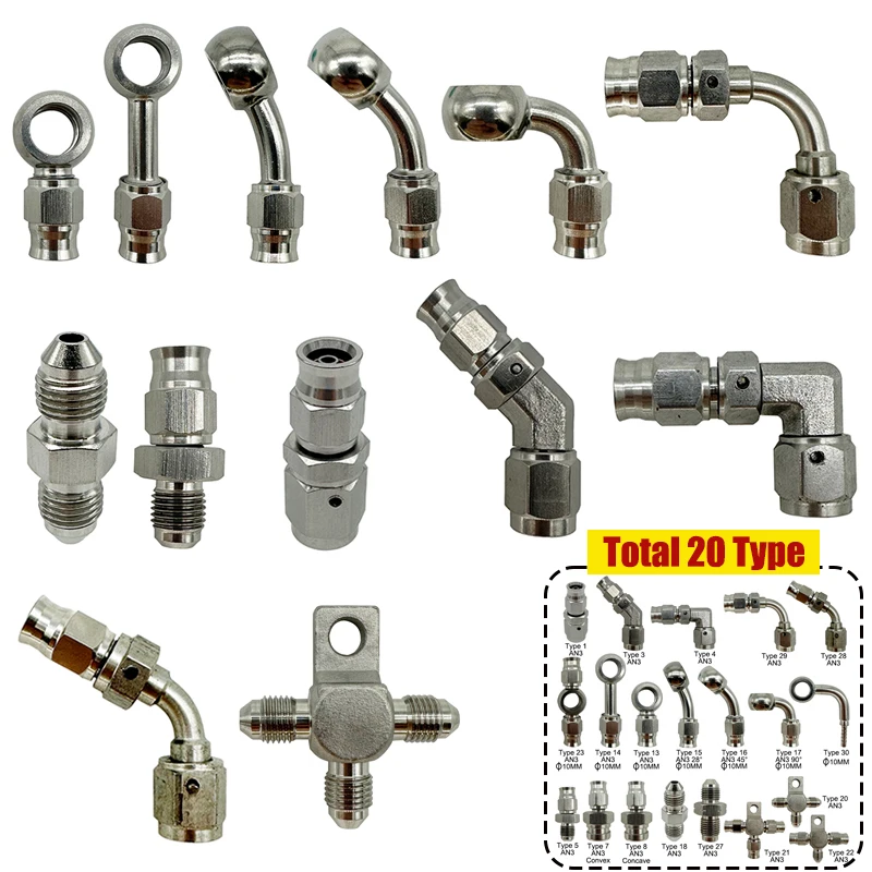 

3AN Мотоцикл Мотоцикл Гидравлический тормозной масляный шланг Фитинг банджо M10 Нержавеющая сталь 10 мм Конец шланга банджо AN3 Поворотный адаптер