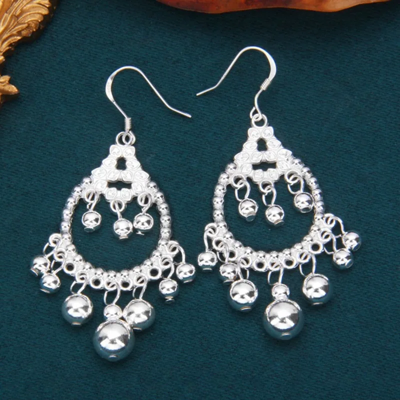 

Real Solid 925 Sterling Silver Women Lucky Round Ball Bead Tassel Circle Dangle Earrings 11.1g