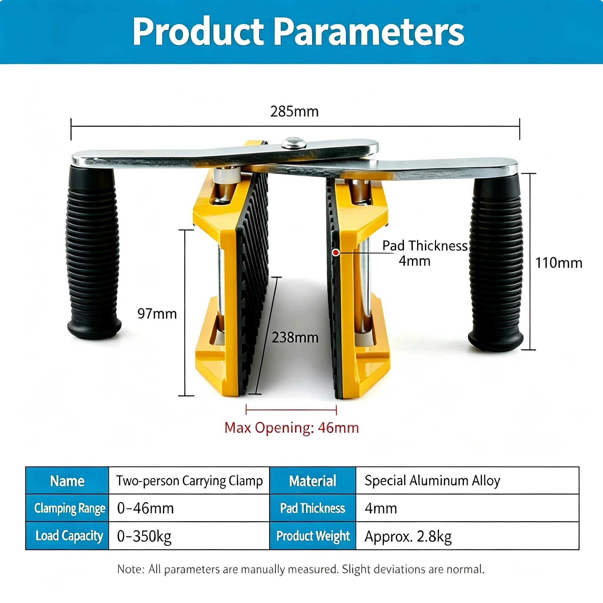 Two-person Stone Carrying Clamp 350kg, 68mm Max Opening Aluminum Alloy Slab Lifting Tool with Rubber Grip Pads for Thick Granite
