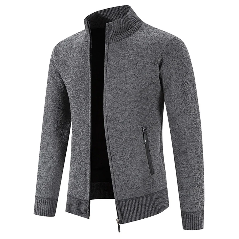 Men Cardigan Knit Sweater Autumn Winter Fleece Warm Knitted SweaterCoat Solid Stand Collar Zipper Pocket Cardigans Men Clothing