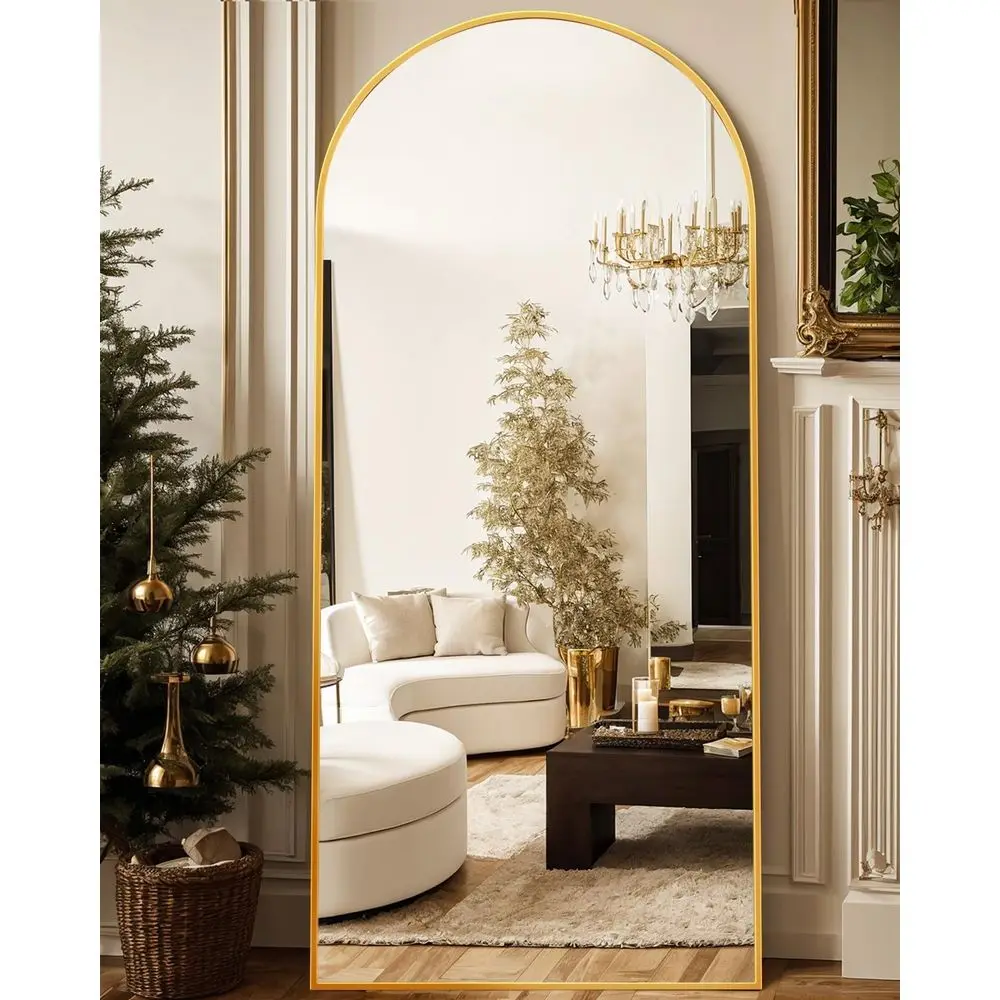 Arched Floor Mirror, 76 x 34, Gold Frame, Versatile for Bedroom, Living Room, Dining Area