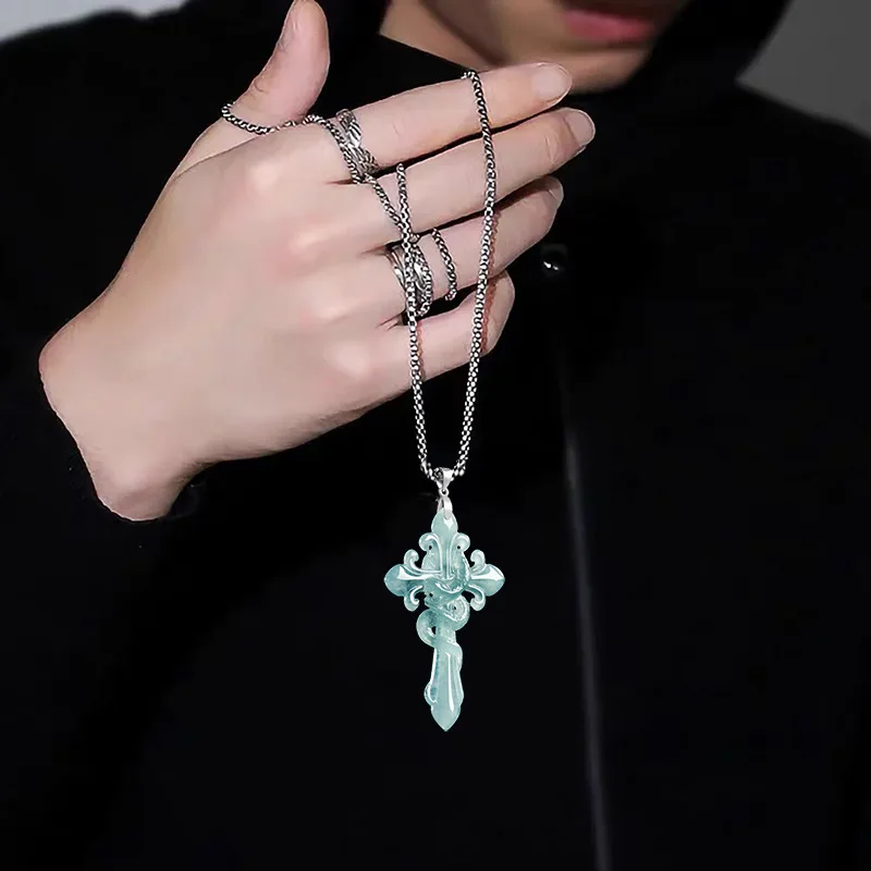 

Natural Blue Water Carved Cross Snake S925 Silver Buckle Inlaid with Ice Jade Fashion Necklace Pendant Men and Women Gift