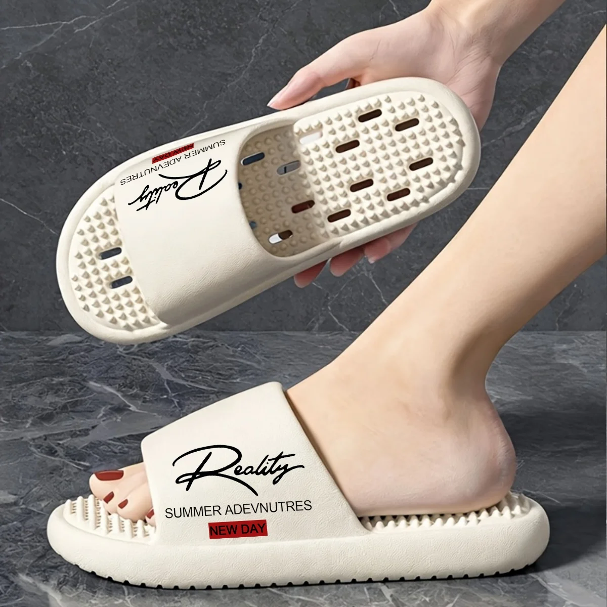 Couple Style Spring and Summer Reality Printed Hollow-Out Quick-Drying Eva Soft Thick-Soled Foot Massage Indoor Bathroom Outdoor Slide Slippers for Men and Women