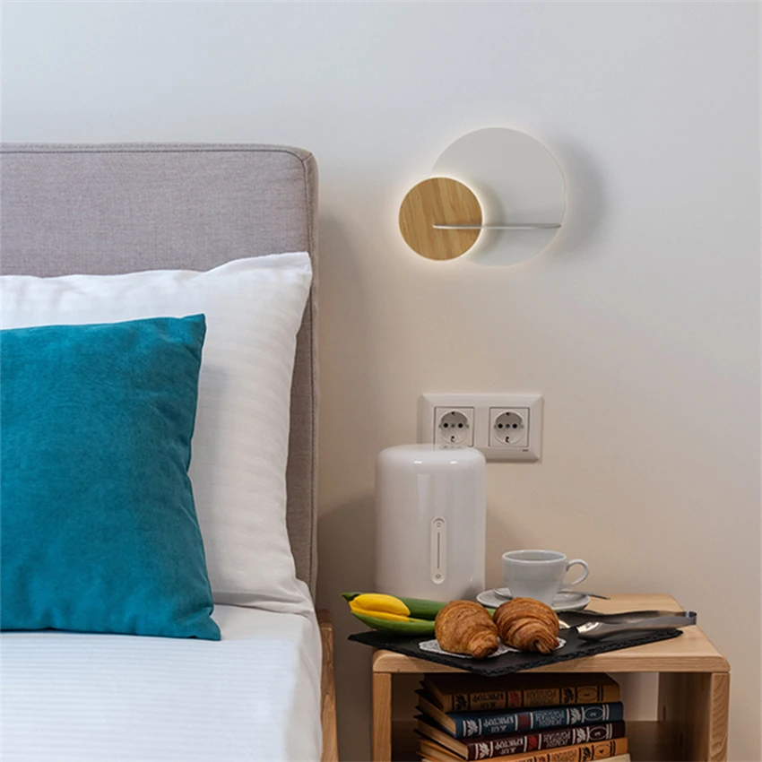 Nordic modern white storage shelf  circular wall lamps log wind lamp bedroom bedside study living room decorative sconces lights