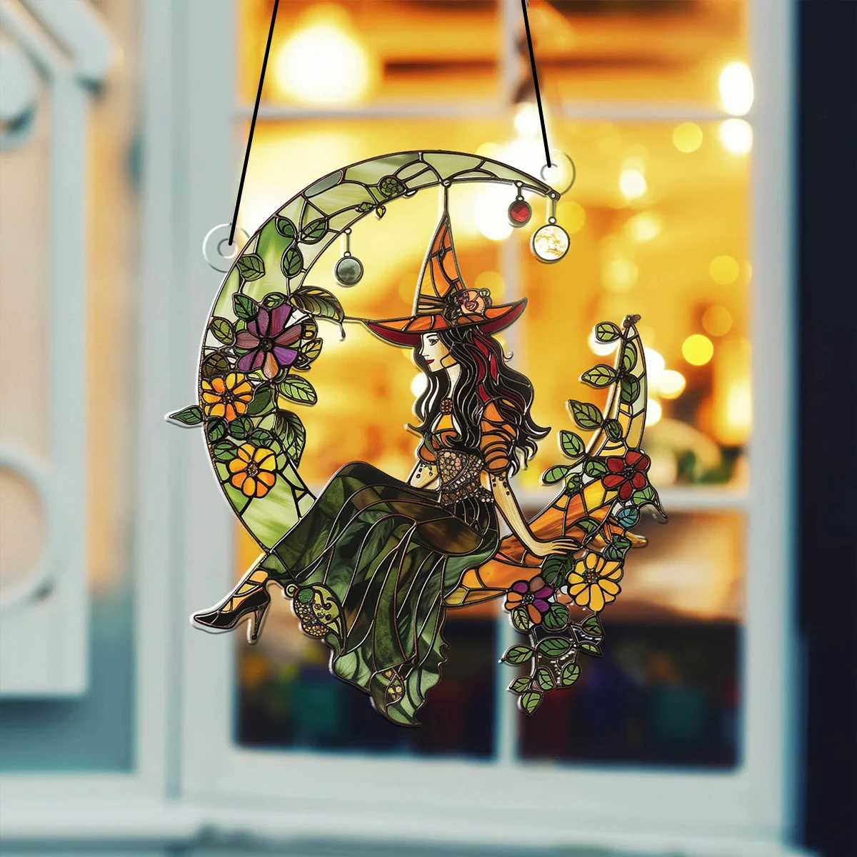 Acrylic Witch on Crescent Moon Window Hanging Decor Colorful Floral Design Festive Ornament for Halloween & Home Decoration Gift