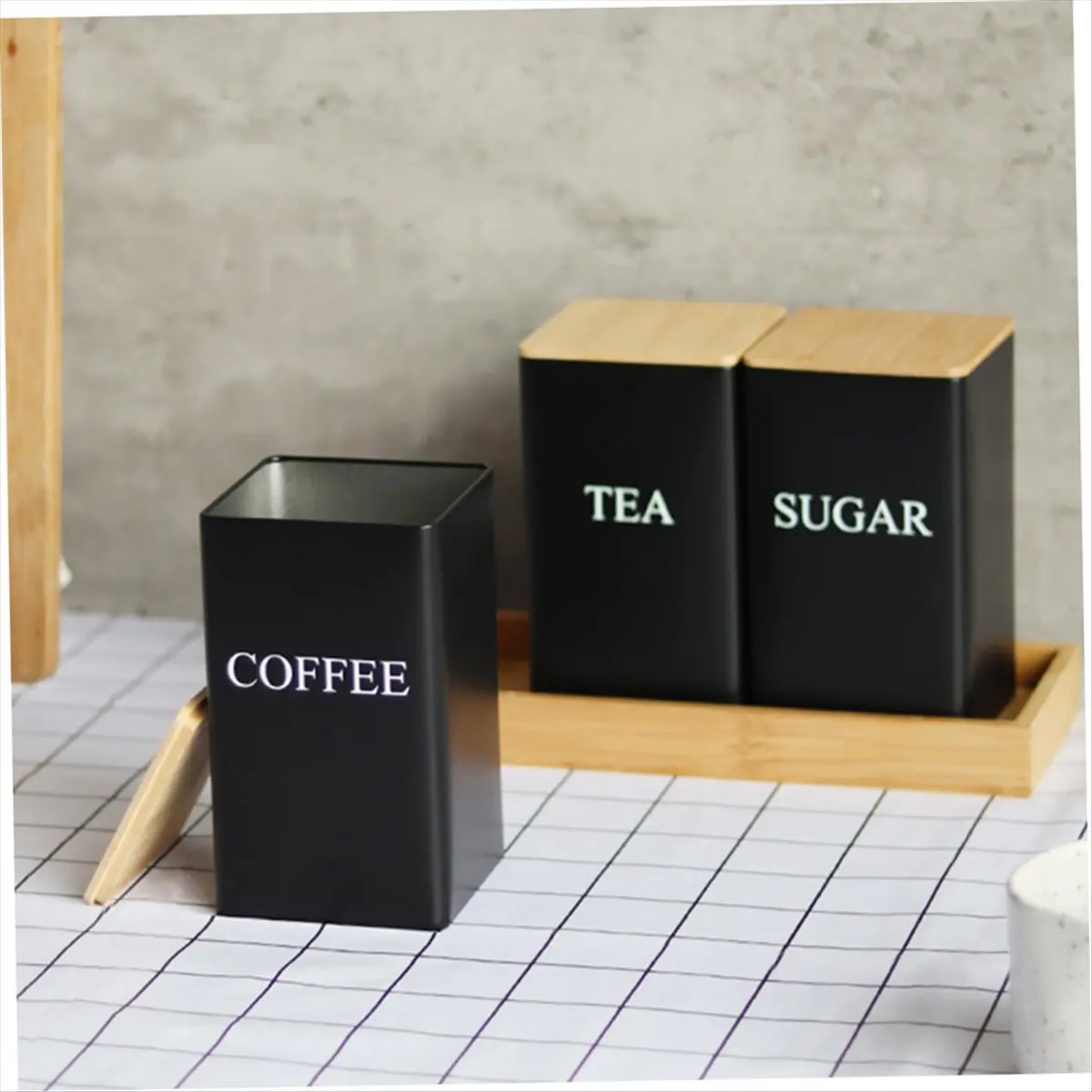 

BHBL 3PCS Set Tea Coffee Sugar Canister Set with Tray Iron Tea and Coffee Jars with Bamboo Lid Coffee Sugar Tea Containers A