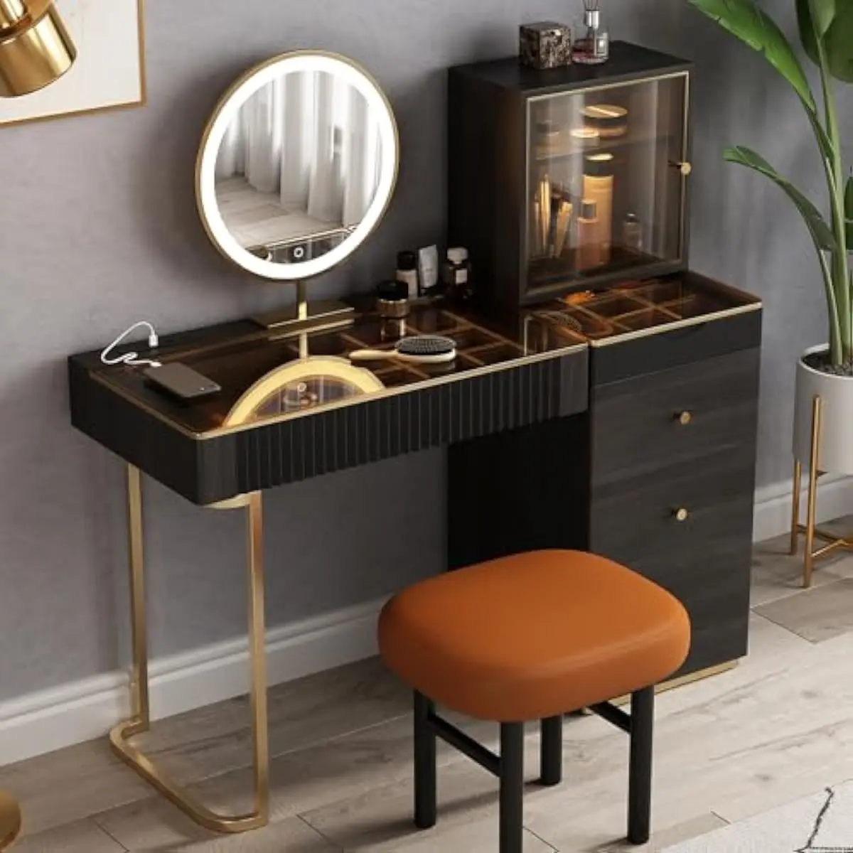 Modern Vanity Desk with LED Mirror Sensor Lighting USB Outlets Engineered Wood Construction Spacious Storage Compartments Adjust