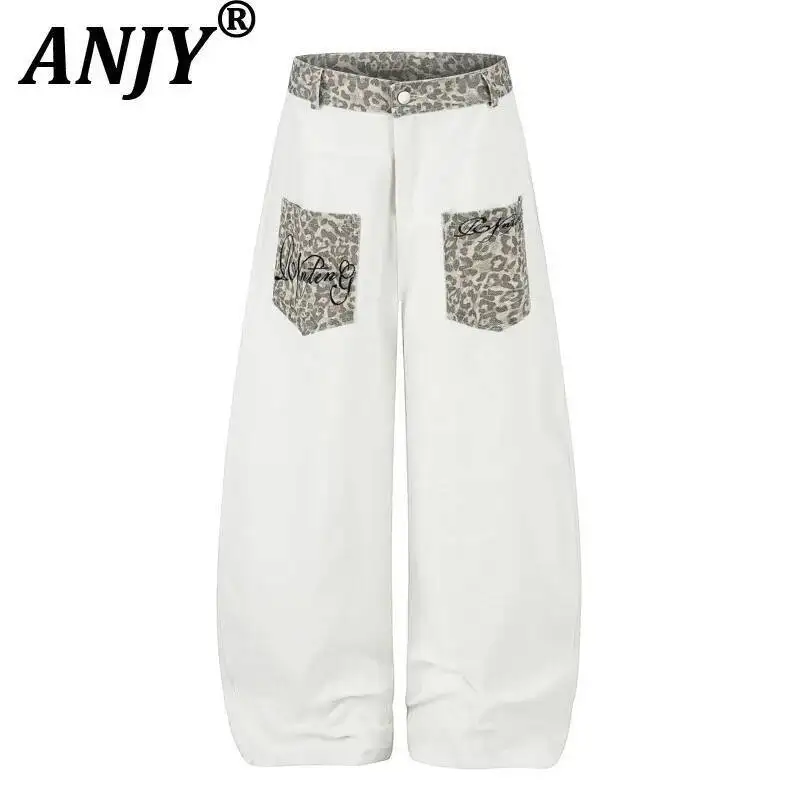 ANJY Spring Autumn New Women Patchwork Color-Block Pockets Trend Wide Leg Casual Pants Ins Design Embroider Loose Bottoms A24107