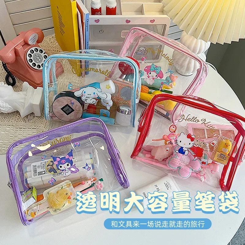 

New Hello Kitty Anime Kawaii Sanrio Transparent Pen Bag Ins Cute Cartoon Waterproof Travel Toiletry Storage Bag Kids Gifts