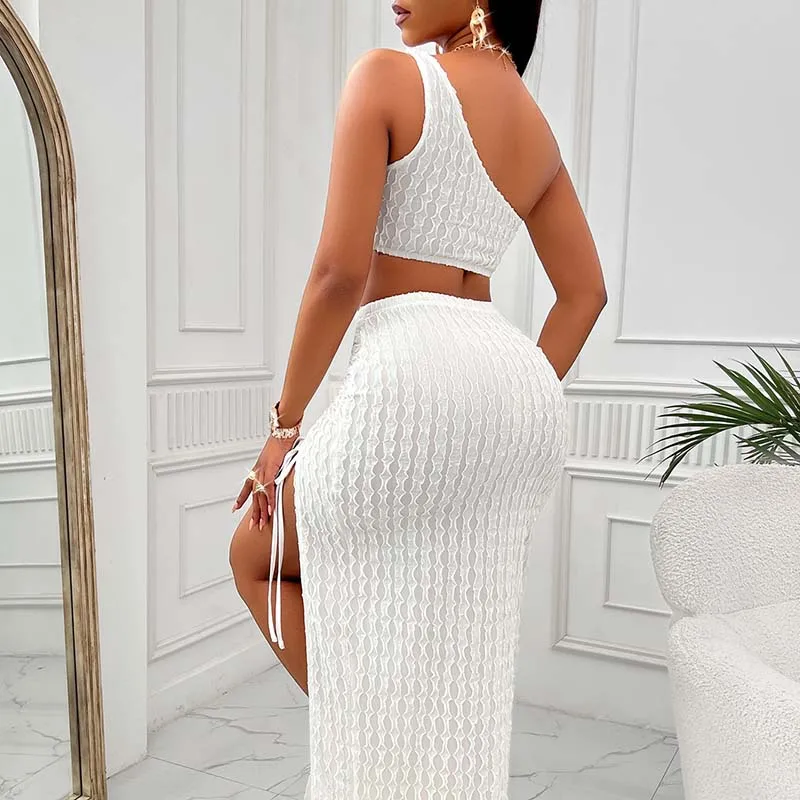 Elegant Sleeveless Formal Birthday Crop Top & High Waist Split Long Skirts 2 Piece Dress Sets Women Outfits Fashion Casual Party