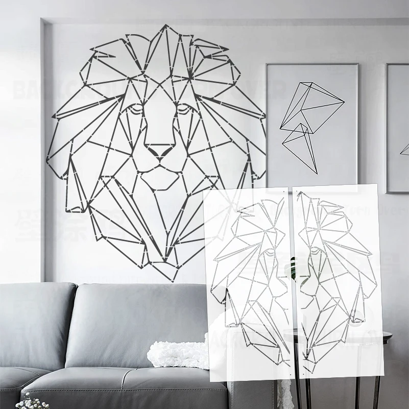 46cm - 91cm Wall Stencil Decor For Painting Plaster Template To Paint Decorative Lion Line Art Linear Triangular Geometric S279