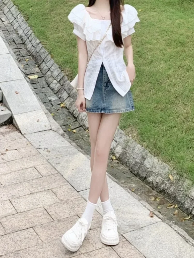 Y2k Aesthetic Sweet Ruffled Women Shirt White Summer Kawaii Single Breasted Blouse Harajuku Fairy Casual Preppy Grunge Blusas