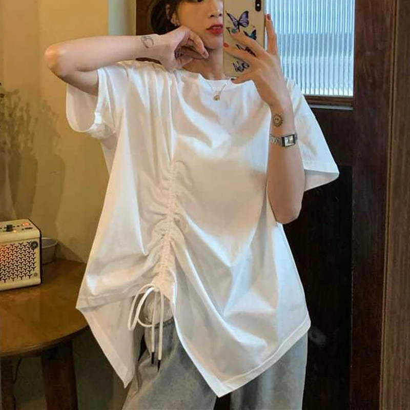 

Asymmetrical Loose Drawstring Street Casual Tops Summer Plus Size Irregular Fashion T Shirts Preppy Style Trend Women Clothing