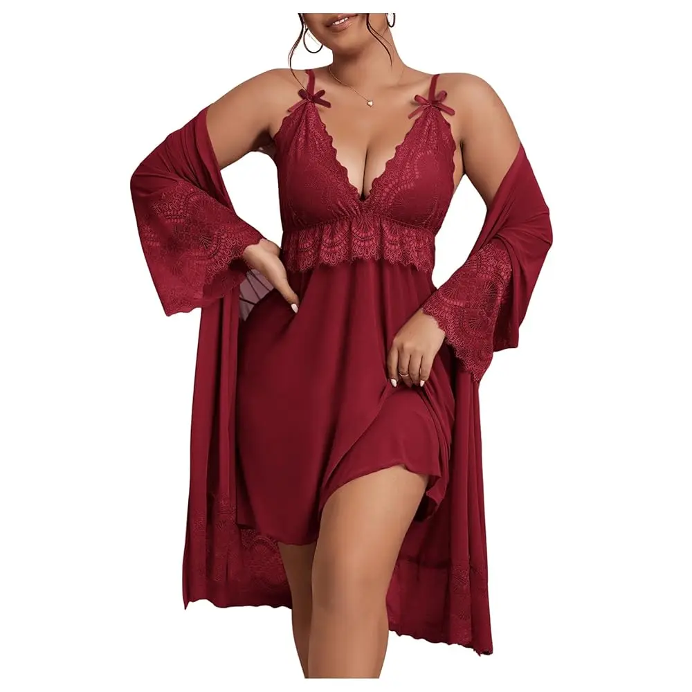 Women's Plus 2 Piece Robe Pajamas Set Lace Cami Nightgown and Robes Nightwear