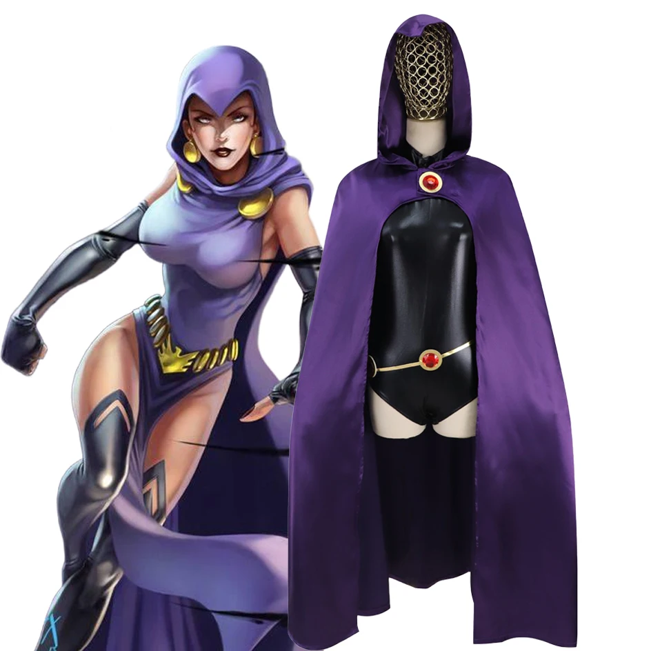 Disfraz de Cosplay de Superhéroe de Teen Titans, Disfraz de Raven para Mujer, Capa Morada con Capucha, Peluca, Body, Cinturón, Gemas, Traje para Fiesta de Halloween