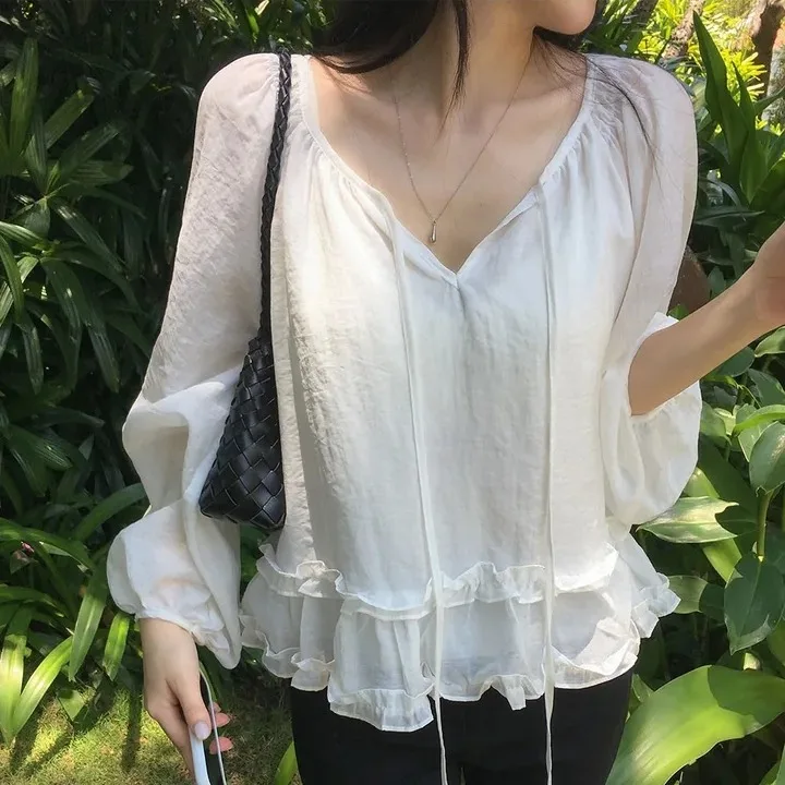 Chic Early Autumn Loose Long Sleeve Shirt Women's Fashionable Reducing Age Wooden  Lace up Top Casual Style Polyester Fabric