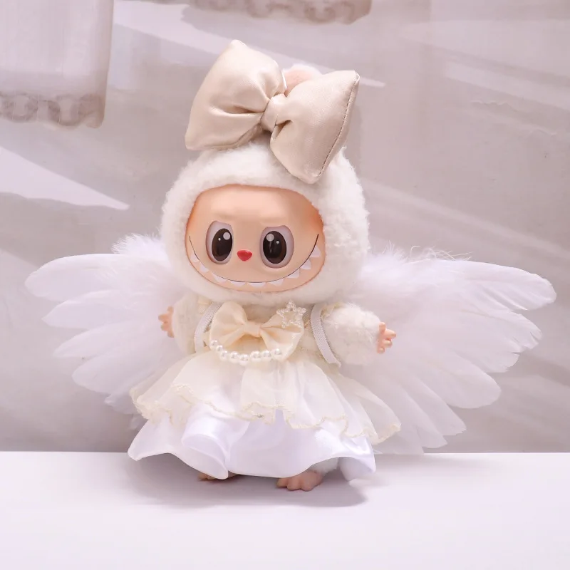 Angel And Devil - themed Outfits For 1st - 3rd Gen 15/17cm Labubu Dolls Black Feather Wings with Black Bow & Dress White Feath