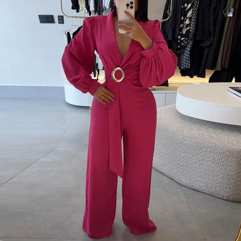 

Элегантный женский комбинезон на шнуровке с металлической пряжкой, темпераментный комбинезон с v-образным вырезом и длинными рукавами, модные комбинезоны с высокой талией и широкими штанинами, комбинезоны