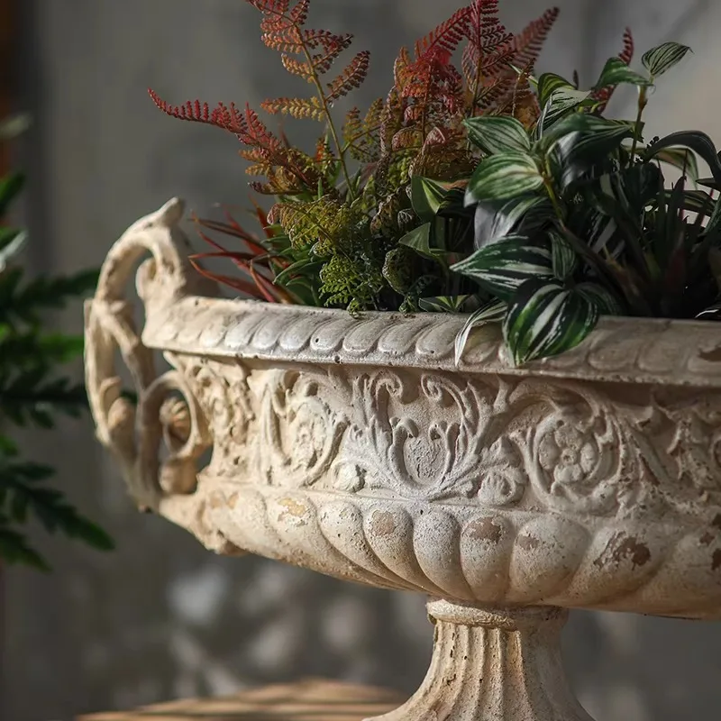 French Style Pedestal Vessel, Antique European MgO Jardiniere Planter, Large Centerpiece Bowl for Console Table, Dining Room