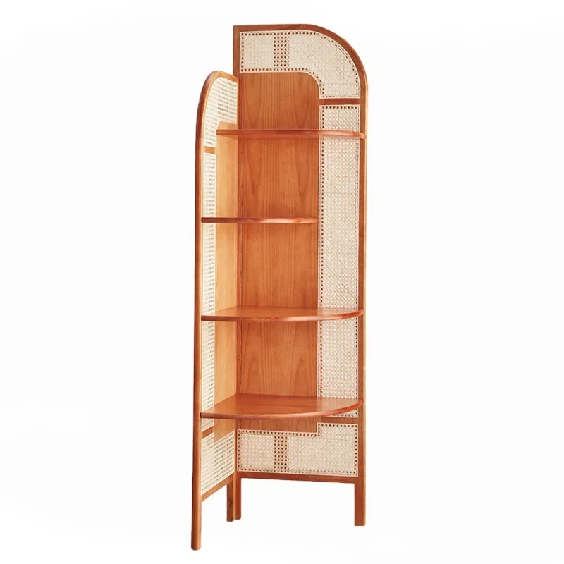 Floor-to-ceiling bookshelf retro rattan triangular cabinet removable corner rack shelf