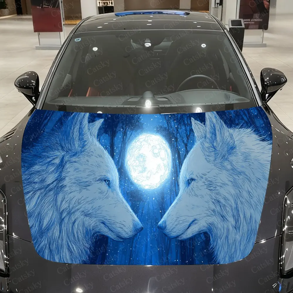 

Блакитный волк и полнолуние, ПВХ наклейки на капот автомобиля, самоклеящаяся водонепроницаемая наклейка на капот автомобиля, защитные наклейки для украшения автомобиля