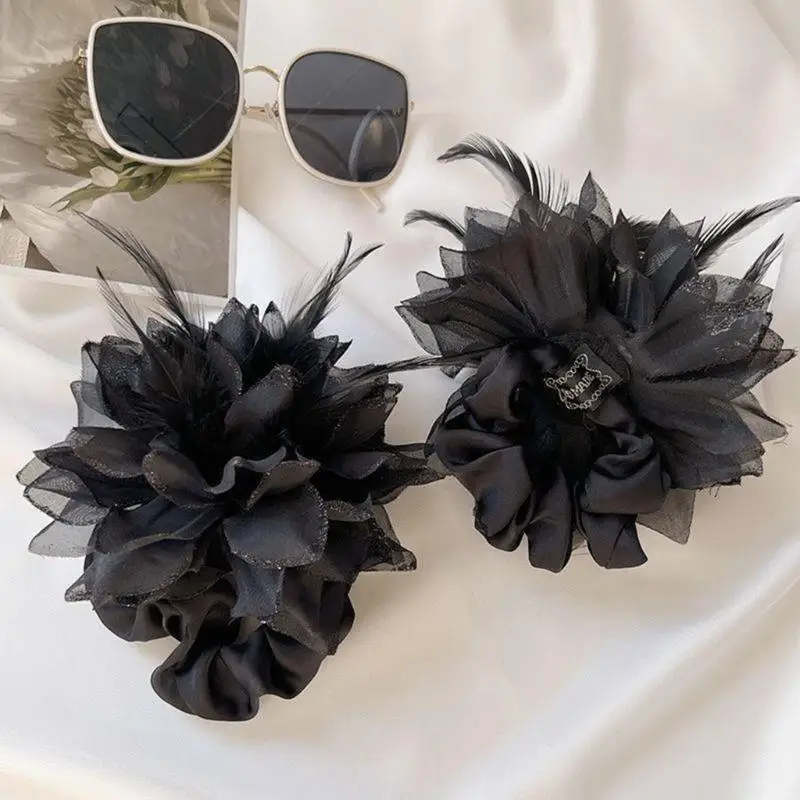 39BD Große, flauschige Blumen-Haargummis, Feder-Haargummi, Kopfbedeckung, elastisches Haarseil – Detail 3