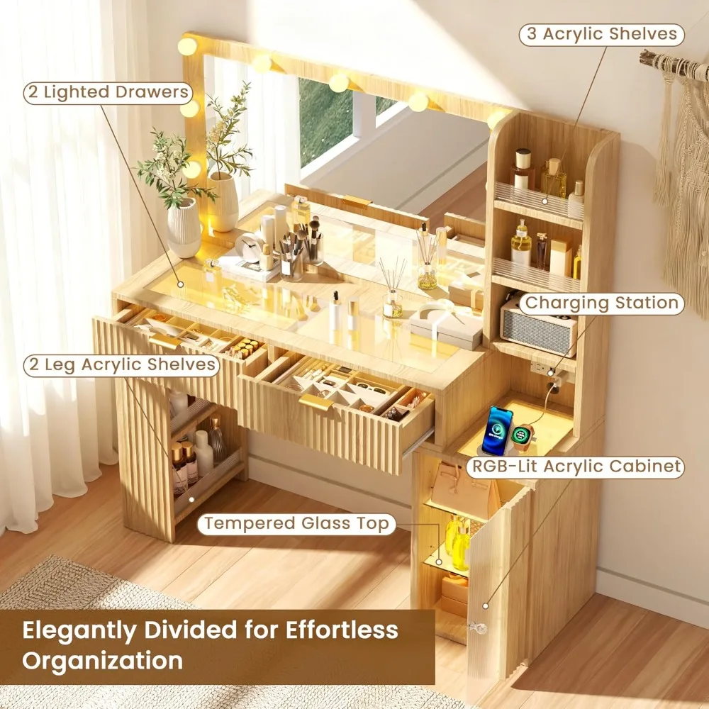 

47'' Fluted Makeup Vanity Desk with Large 36" Mirror & Hollywood Bulbs, Smart RGB Lights, Glass Top Vanity with 5, Customized