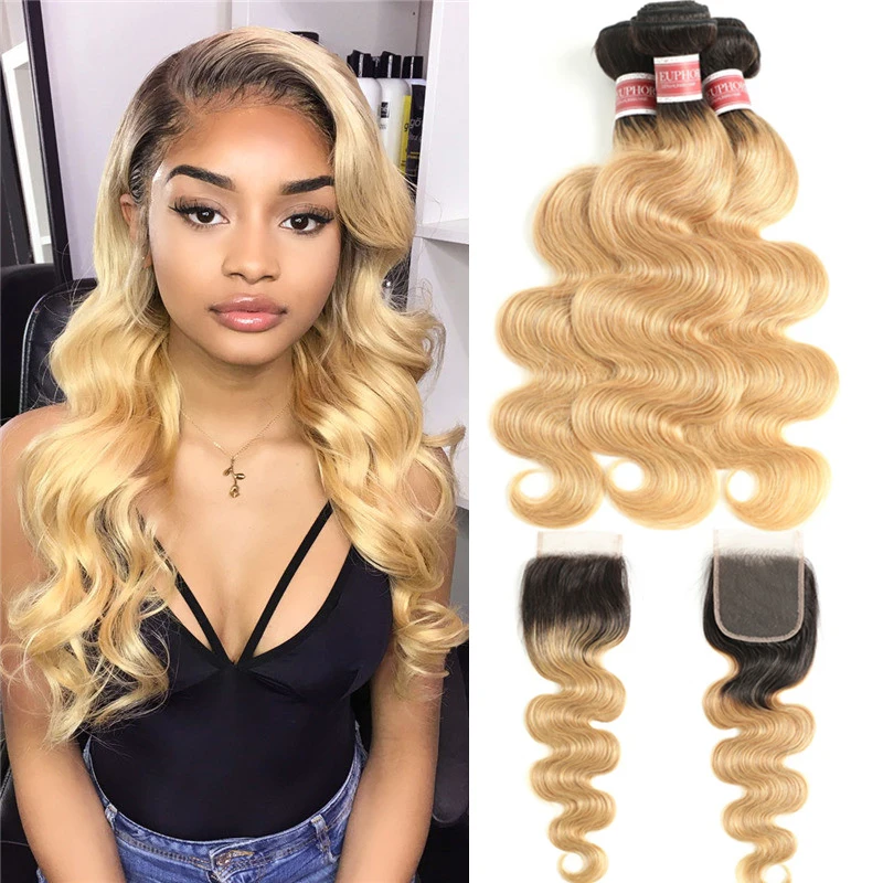 Ombre Blonde 27 Body Wave Bundles With Closure Brazilian Human Hair 1B 99J Red Color Remy Hair Weaving With Closure 4X4 Euphoria