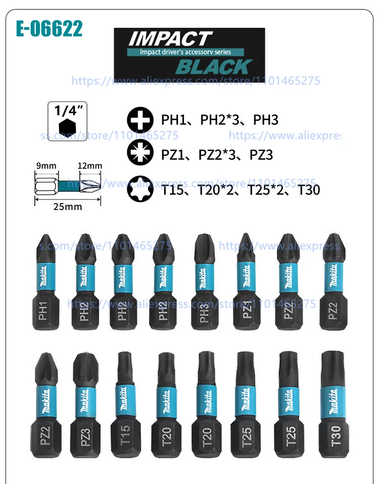 Makita E-06622 B-66896 33 Piece Black Impact Torsion Screwdriver Bit Set High Durability Socket Tool Parts