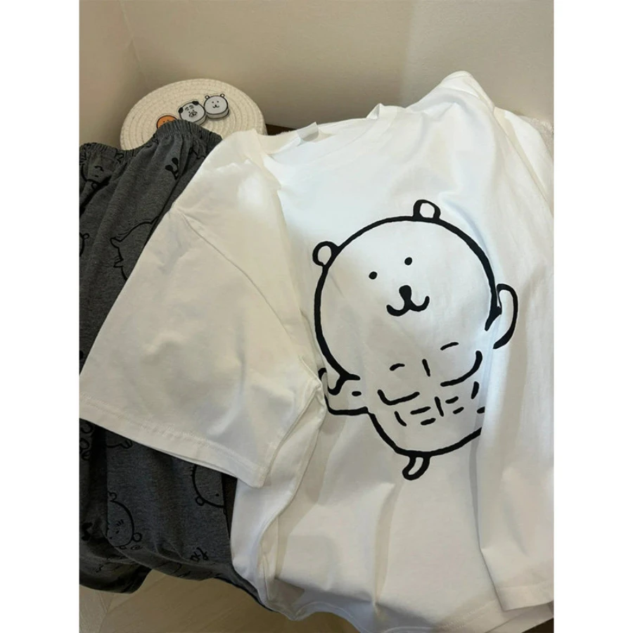Summer Trendy Pure Cotton Muscular Self-deprecating Bear Print Men's and Women's Short-sleeved T-shirt Top