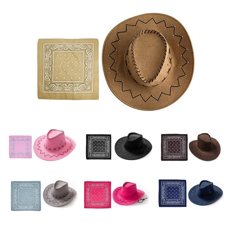 Female Wide Brim Hat Cowgirl Neck Scarf Music Festival Costume Suit Party Hats