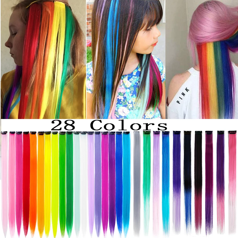 Colored Hair Extensions for Kids Straight Synthetic Hairpieces Clip in Rainbow Highlights Colorful Hair Accessories for Girls