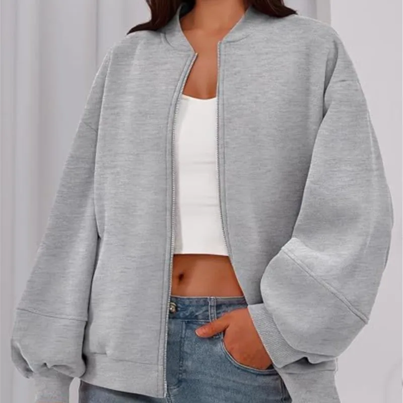 

2025 Autumn Winter Casual Commuting Women's Warm Jacket Fashionable Solid Color Zipper Cardigan Long-sleeved Loose Sports Coat