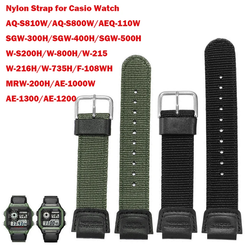 18mm Green Black Nylon Watch Band Strap Fit for Casio G Shock W-S200H W-800H W-216H W-735H F-108WH W-215 AEQ-110W /SGW-300H/400H