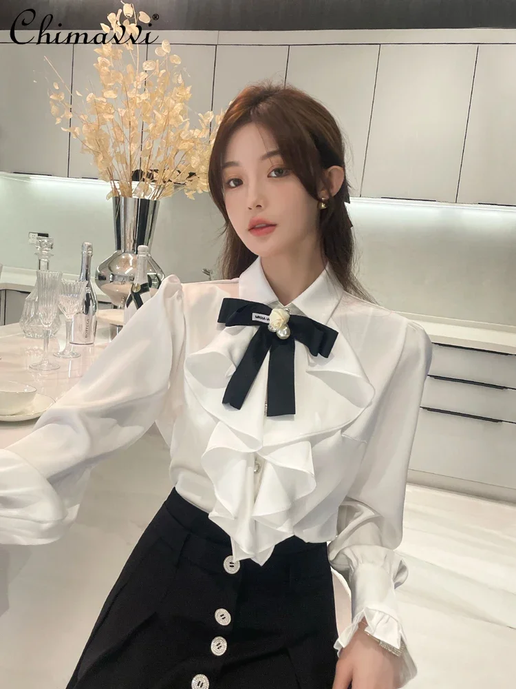 White Fungus Edge Long-sleeved Shirt Women Autumn French Fashion Design Bow Diamond Buckle Satin Top OL Elegant Camisas