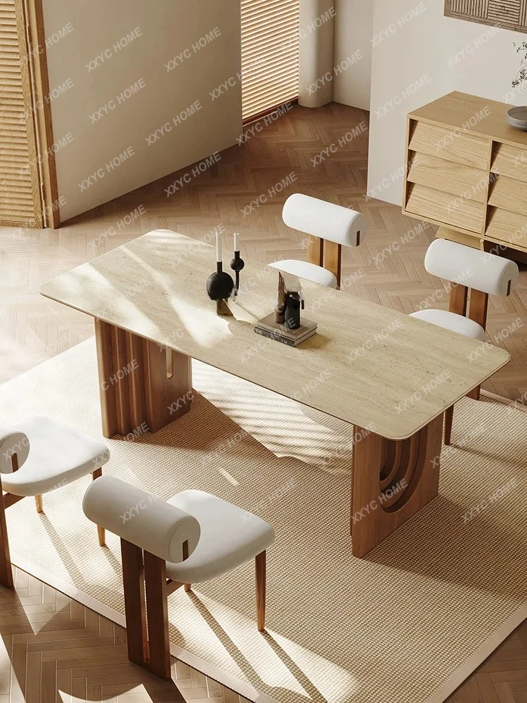 

Обеденный стол и стулья из каменной плиты в средневековом стиле, дизайнерская французская ретро-маленькая квартира, обеденный стол в новом стиле