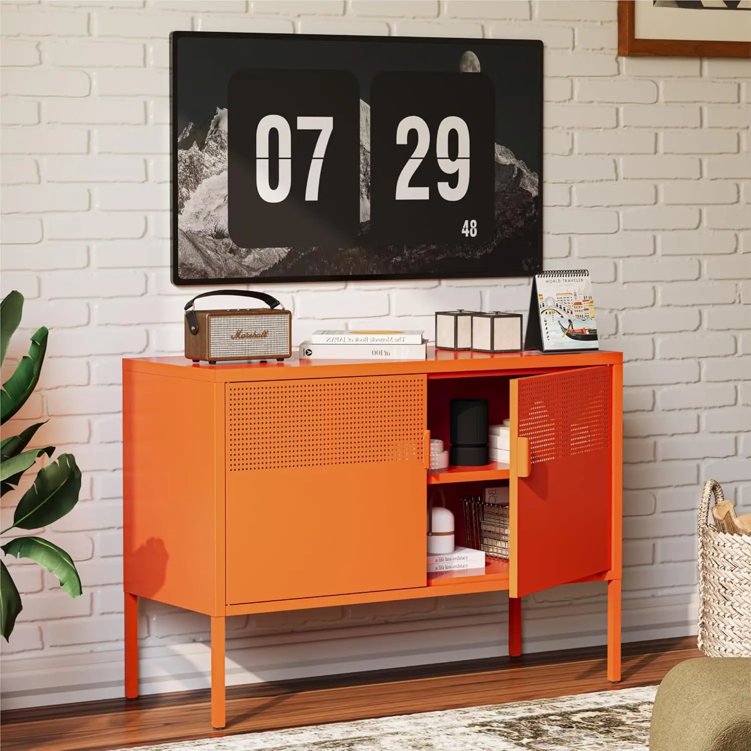 

Подставка для телевизоров с диагональю до 75 дюймов, медиаконсоль 40''L с вентиляционными дверцами, металлический развлекательный центр с регулируемыми полками