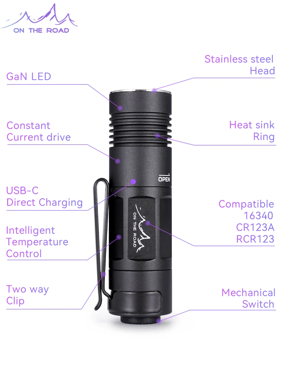 ON THE ROAD 311 Type-C USB DirectCharge LED Flashlight USB Rechargeable Flashlight EDC miniTorch keychain UltraBright MicroTorch