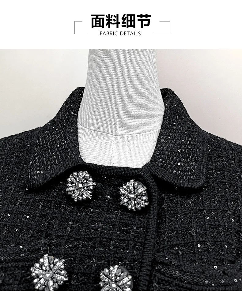 Designer Autumn Double Breasted Diamonds Crystal Beading Knitted Cardigans Jackets Midi Long Pencil Skirts Women Two Piece Sets