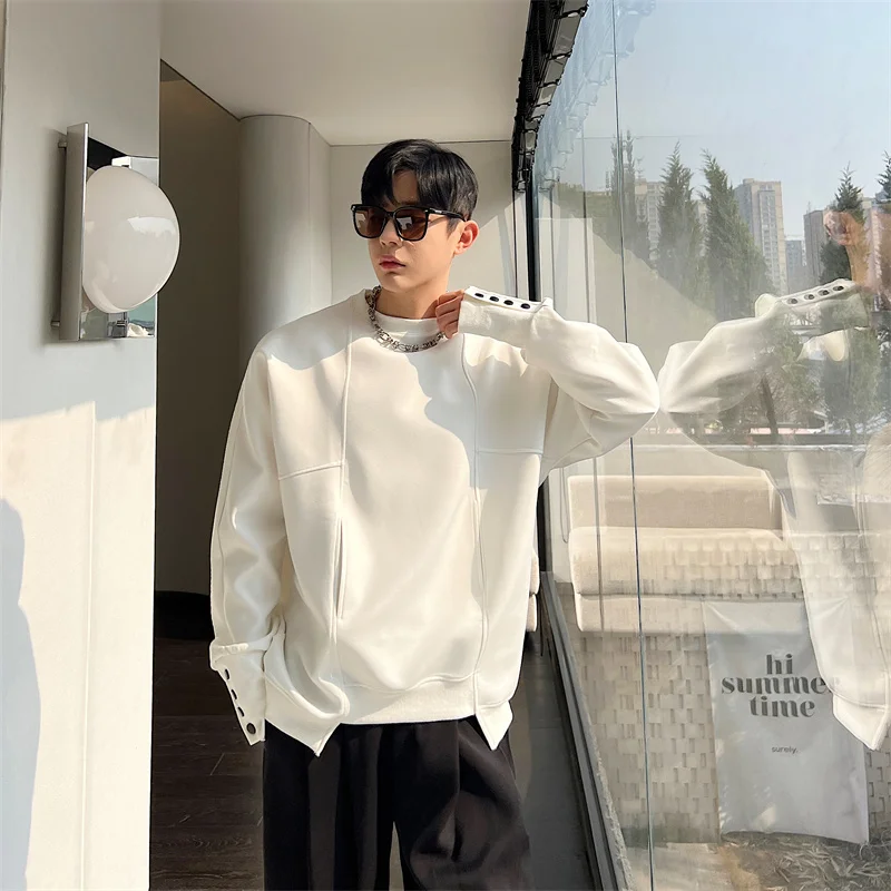 

Осенний модный мужской свитшот с декоративными манжетами и множеством пуговиц, повседневный, свободного кроя, в корейском стиле, с круглым вырезом, молодежный, популярный